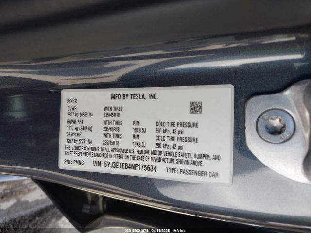 5YJ3E1EB4NF175634 Tesla Model 3 Long Range Dual Motor All-wheel Drive