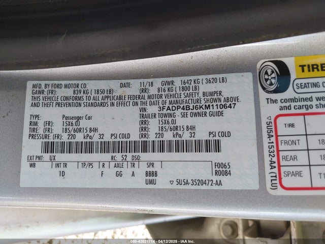 3FADP4BJ6KM110647 Ford FIESTA SE