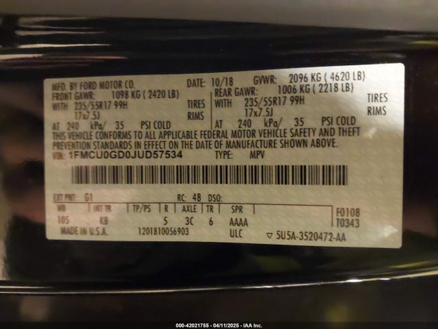 1FMCU0GD0JUD57534 Ford ESCAPE SE