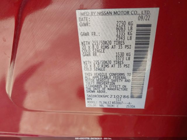 5N1DR3DK6PC210286 Nissan Pathfinder Platinum 4wd