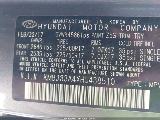 KM8J33A4XHU438510 Hyundai TUCSON SE
