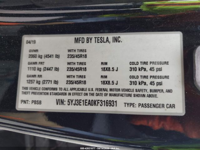 2019 TESLA MODEL 3 5YJ3E1EA0KF316931 Photo 8