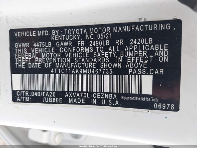 4T1C11AK9MU467735 Toyota CAMRY LE