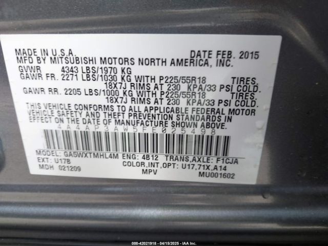 4A4AP3AW5FE025498 Mitsubishi Outlander Sport Es