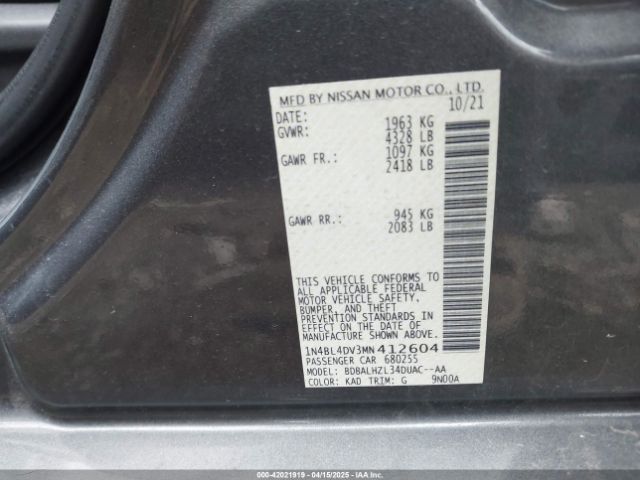 1N4BL4DV3MN412604 Nissan Altima Sv Fwd
