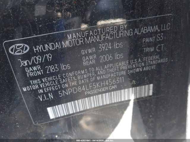 5NPD84LF5KH456311 Hyundai ELANTRA SEL