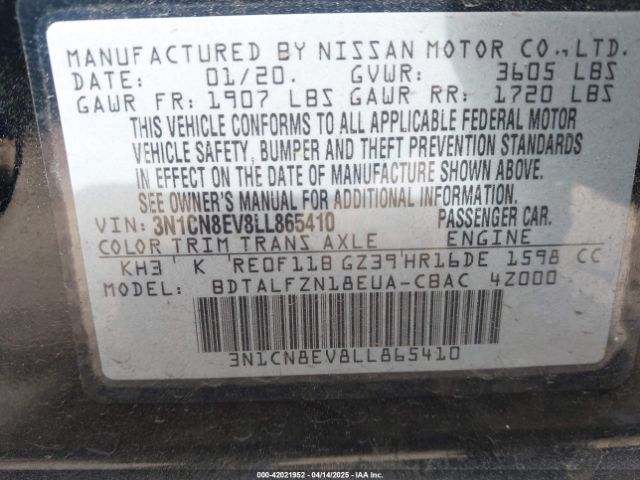 3N1CN8EV8LL865410 Nissan Versa Sv Xtronic Cvt