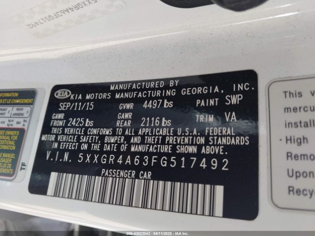 5XXGR4A63FG517492 KIA Optima Sxl Turbo