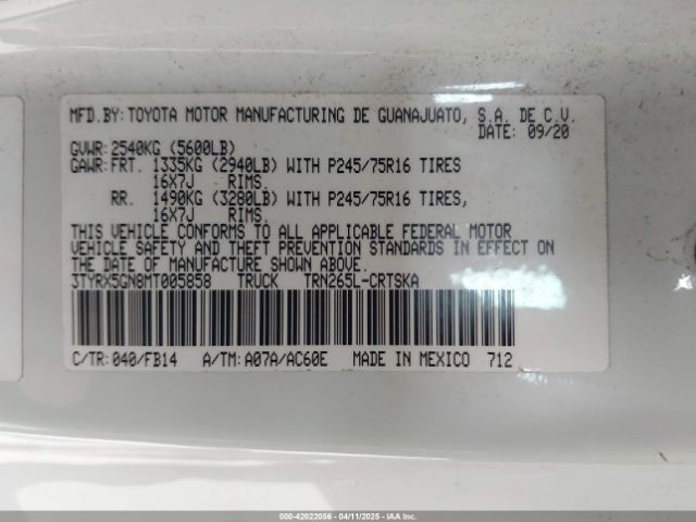 3TYRX5GN8MT005858 Toyota Tacoma Sr
