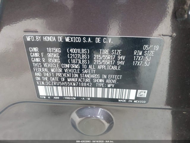 3CZRU5H55KM718842 Honda HR-V EX