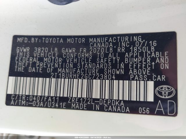 2T1BURHE2GC723804 Toyota COROLLA L