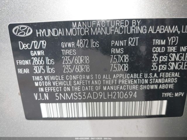 5NMS53AD9LH210694 Hyundai Santa Fe Limited