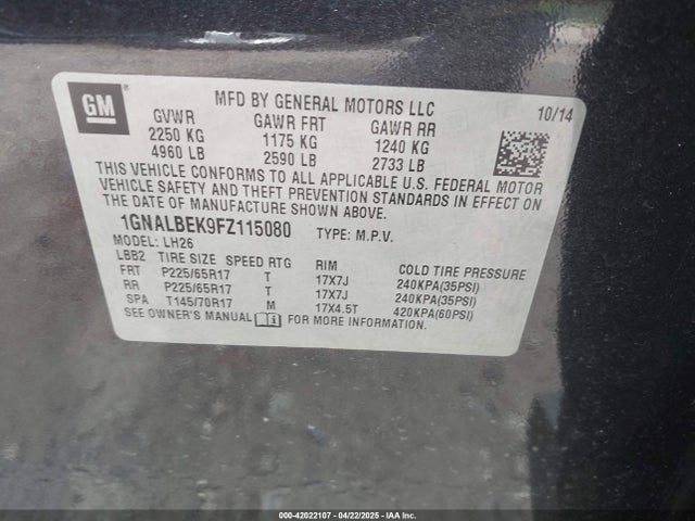 1GNALBEK9FZ115080 Chevrolet EQUINOX 1LT