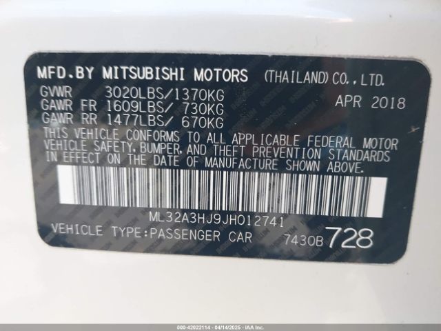 ML32A3HJ9JH012741 Mitsubishi MIRAGE ES
