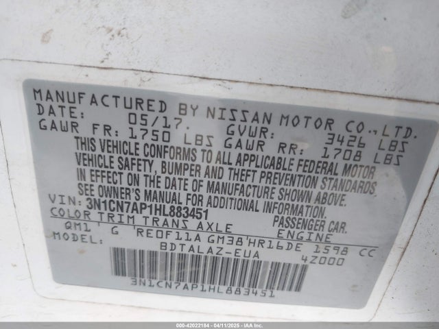 3N1CN7AP1HL883451 Nissan Versa 1.6 S+