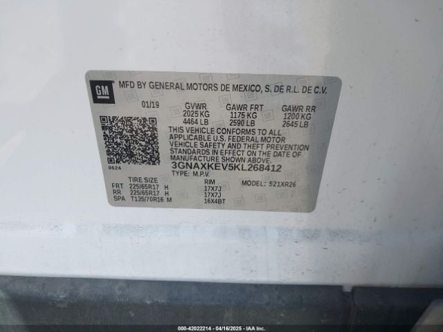 3GNAXKEV5KL268412 Chevrolet EQUINOX LT