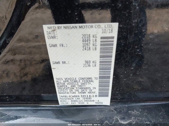 Nissan Altima 2.5 Sr 2019 1N4BL4CW8KN301618 Image 9