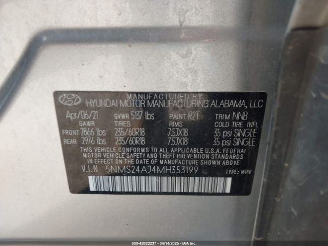 5NMS24AJ4MH353199 Hyundai Santa Fe Sel