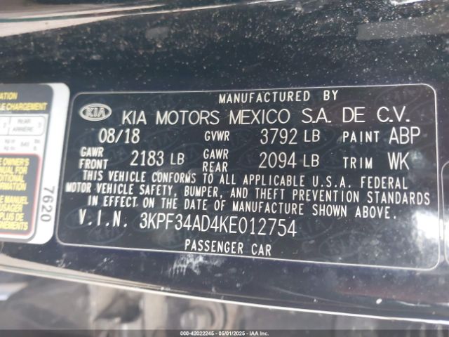 3KPF34AD4KE012754 KIA FORTE S