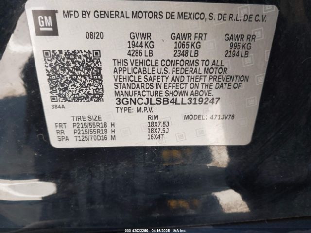 3GNCJLSB4LL319247 Chevrolet Trax Fwd Lt