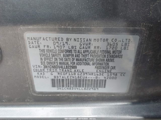 3N1CN8DV4LL822989 Nissan Versa S Xtronic Cvt