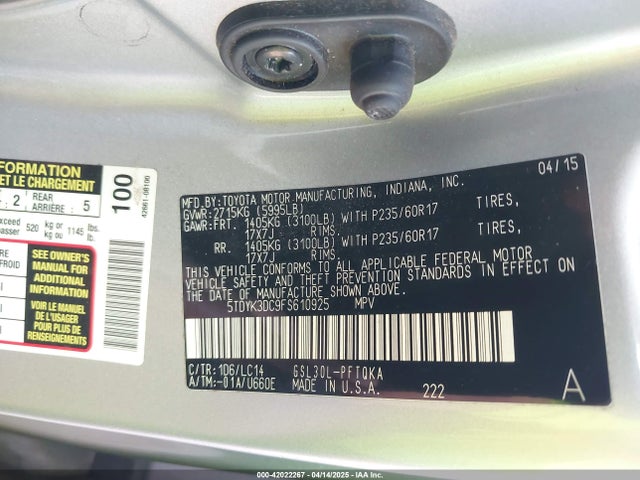 5TDYK3DC9FS610925 Toyota Sienna Xle 7 Passenger