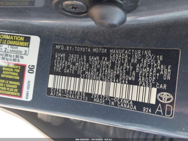 2T1BURHE1GC644544 Toyota COROLLA LE