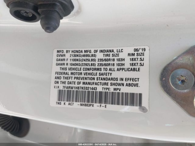 7FARW1H87KE021443 Honda Cr-v Ex-l