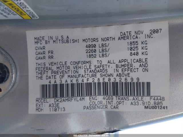 2008 MITSUBISHI ECLIPSE 4A3AK64F28E032699 Photo 8