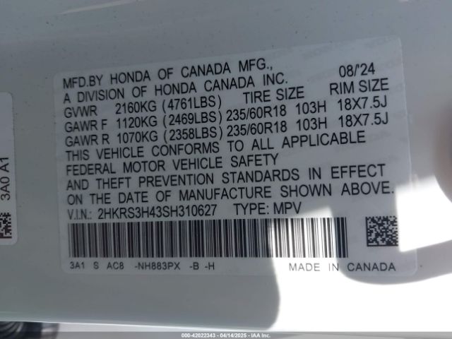 2HKRS3H43SH310627 Honda Cr-v Ex 2wd