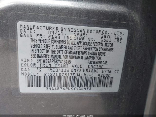 3N1AB7AP6KY416455 Nissan SENTRA SV