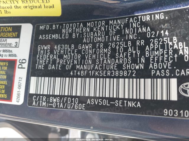 4T4BF1FK5ER389872 Toyota CAMRY LE