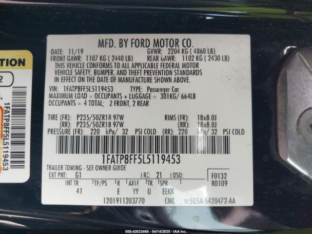 1FATP8FF5L5119453 Ford Mustang Gt Premium
