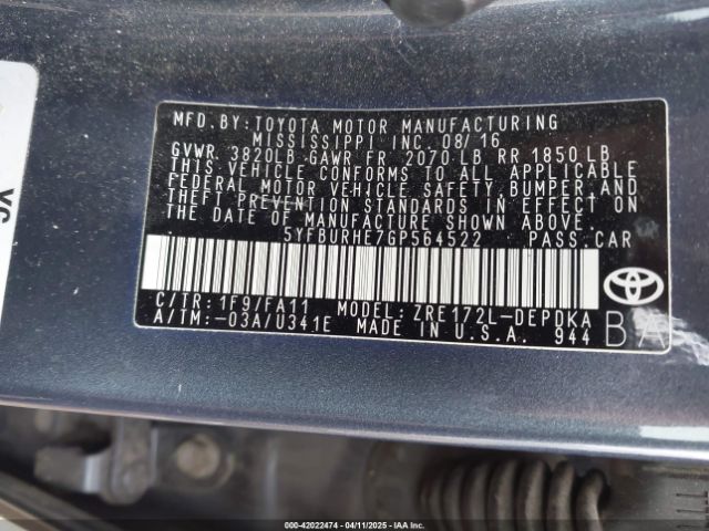 5YFBURHE7GP564522 Toyota COROLLA L