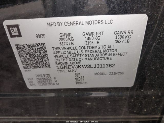 1GNEVJKW3LJ311362 Chevrolet Traverse Awd Rs