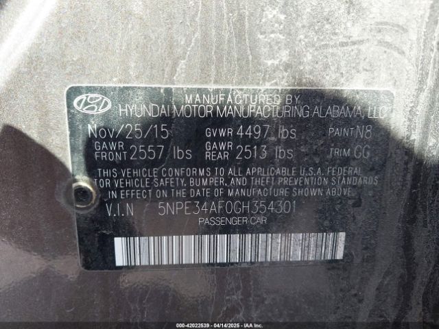 5NPE34AF0GH354301 Hyundai Sonata Sport