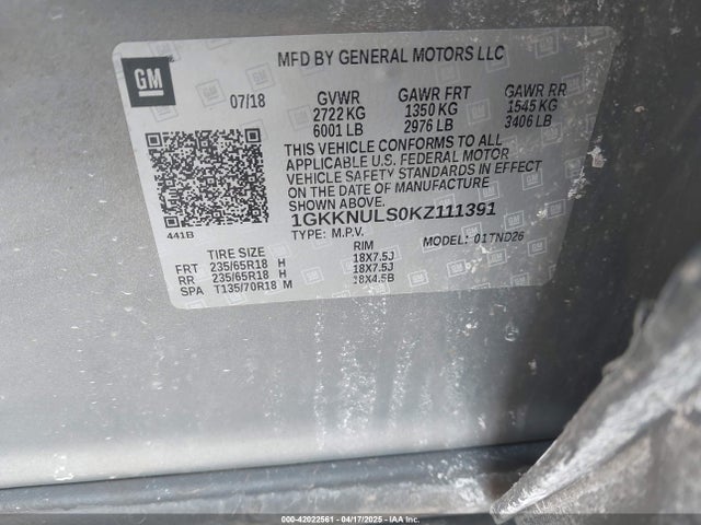 1GKKNULS0KZ111391 GMC lgx - direct injection, variable valve timing, alum, gen 2