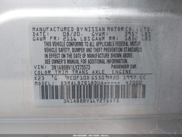 3N1AB8BV1LY275573 Nissan Sentra S Xtronic Cvt