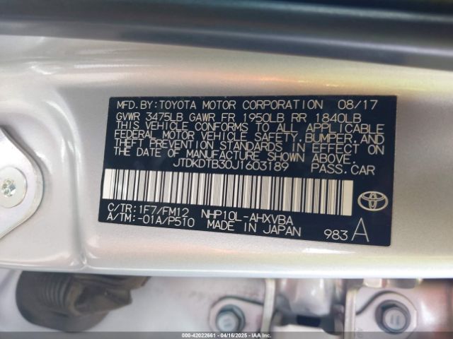 JTDKDTB30J1603189 Toyota Prius C Two