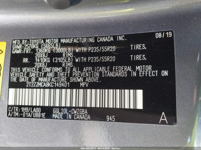 2T2ZZMCA8KC149401 Lexus RX 350