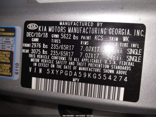5XYPGDA59KG554274 KIA Sorento 3.3l Lx