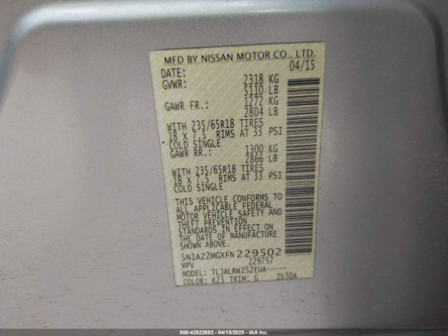 5N1AZ2MGXFN229502 Nissan MURANO SL