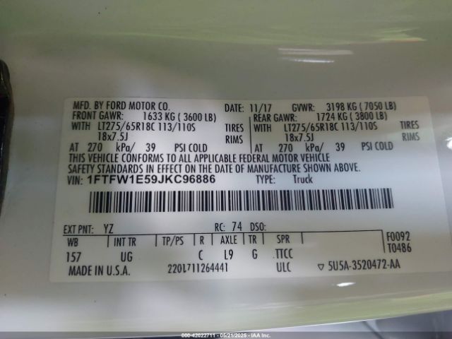 1FTFW1E59JKC96886 Ford F-150 Xlt
