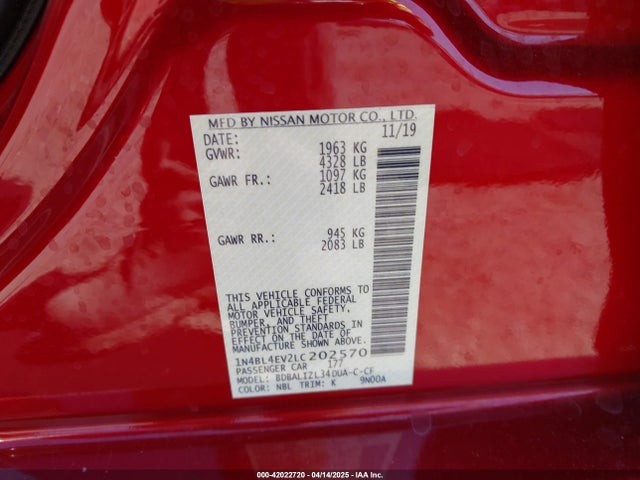 1N4BL4EV2LC202570 Nissan Altima Sl Fwd