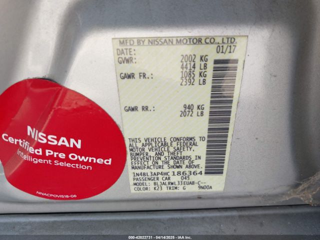 1N4BL3AP4HC186364 Nissan Altima 3.5 Sl
