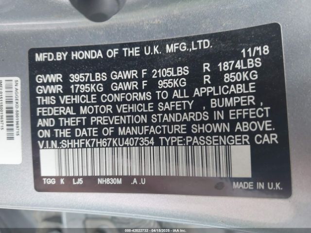 SHHFK7H67KU407354 Honda CIVIC EX