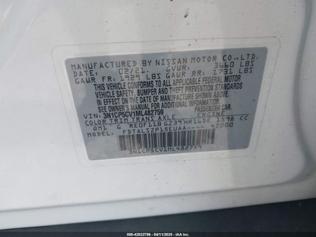 3N1CP5CV1ML482759 Nissan Kicks Sv Xtronic Cvt