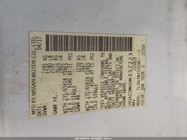 5N1AZ2MH2HN157223 Nissan MURANO S
