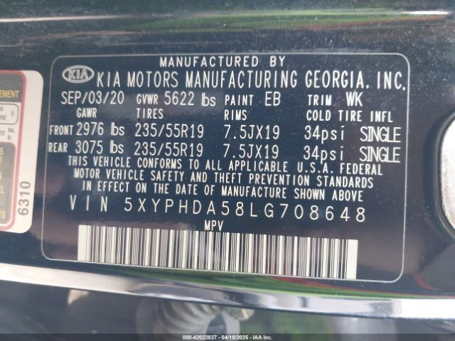 5XYPHDA58LG708648 KIA Sorento 3.3l Ex
