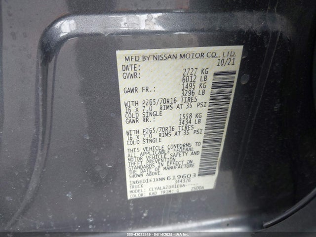 1N6ED1EJXNN619603 Nissan Frontier
